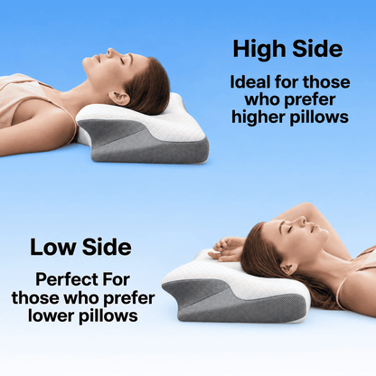 Two women lying on a contoured pillow against a blue gradient background, with text labels reading 'High Side' and 'Low Side' to explain pillow height preferences.