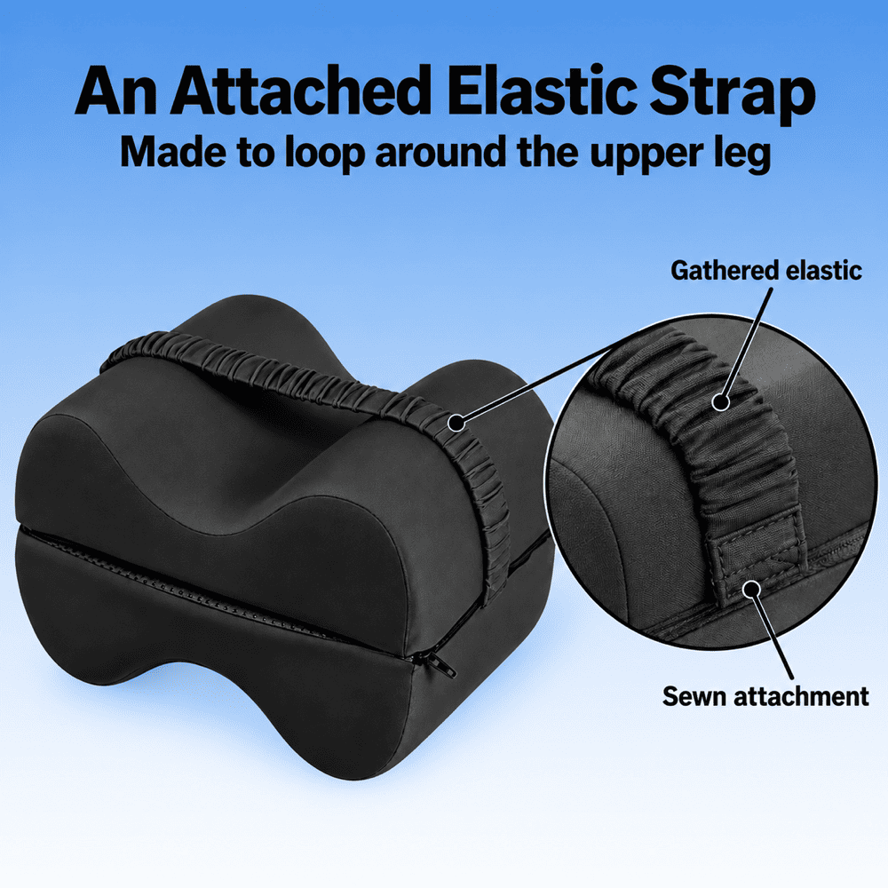 Black knee support pillow with a close-up of its gathered elastic leg strap and sewn attachment
