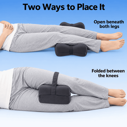 Black foldable knee support pillow shown open beneath both legs and folded between the knee