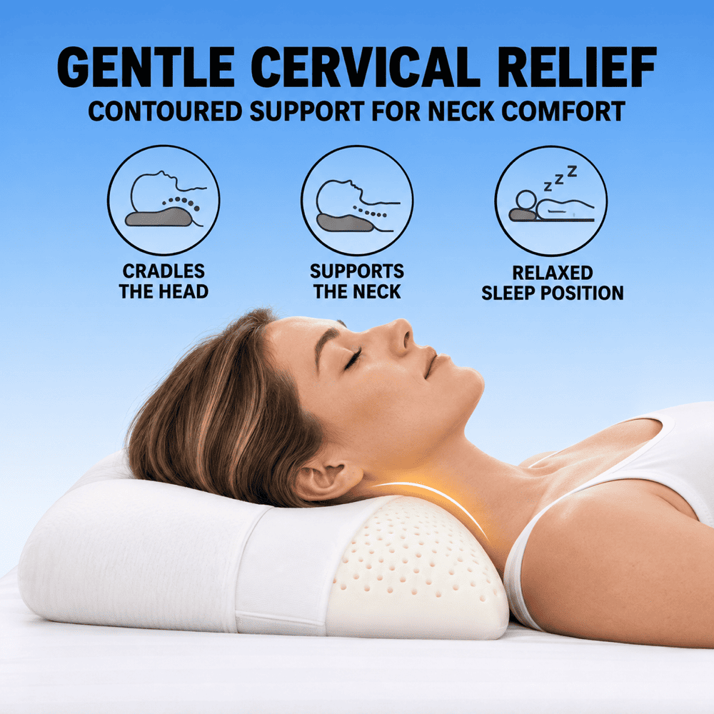 A woman lies on a white cervical support pillow with a glowing warm light along the neck area. The image includes marketing text reading 'GENTLE CERVICAL RELIEF' and three circular icons showing benefits: cradling the head, supporting the neck, and relaxed sleep position.