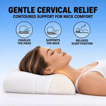 A woman lies on a white cervical support pillow with a glowing warm light along the neck area. The image includes marketing text reading 'GENTLE CERVICAL RELIEF' and three circular icons showing benefits: cradling the head, supporting the neck, and relaxed sleep position.