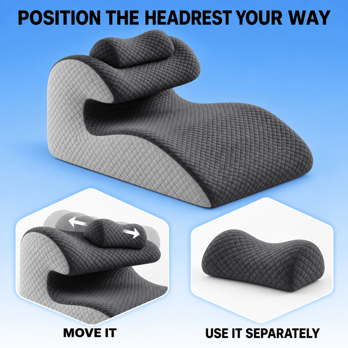A dark gray quilted cervical and thoracic support pillow shown on a blue gradient background, with text reading 'POSITION THE HEADREST YOUR WAY' and two inset diagrams showing how to move it and use it separately.