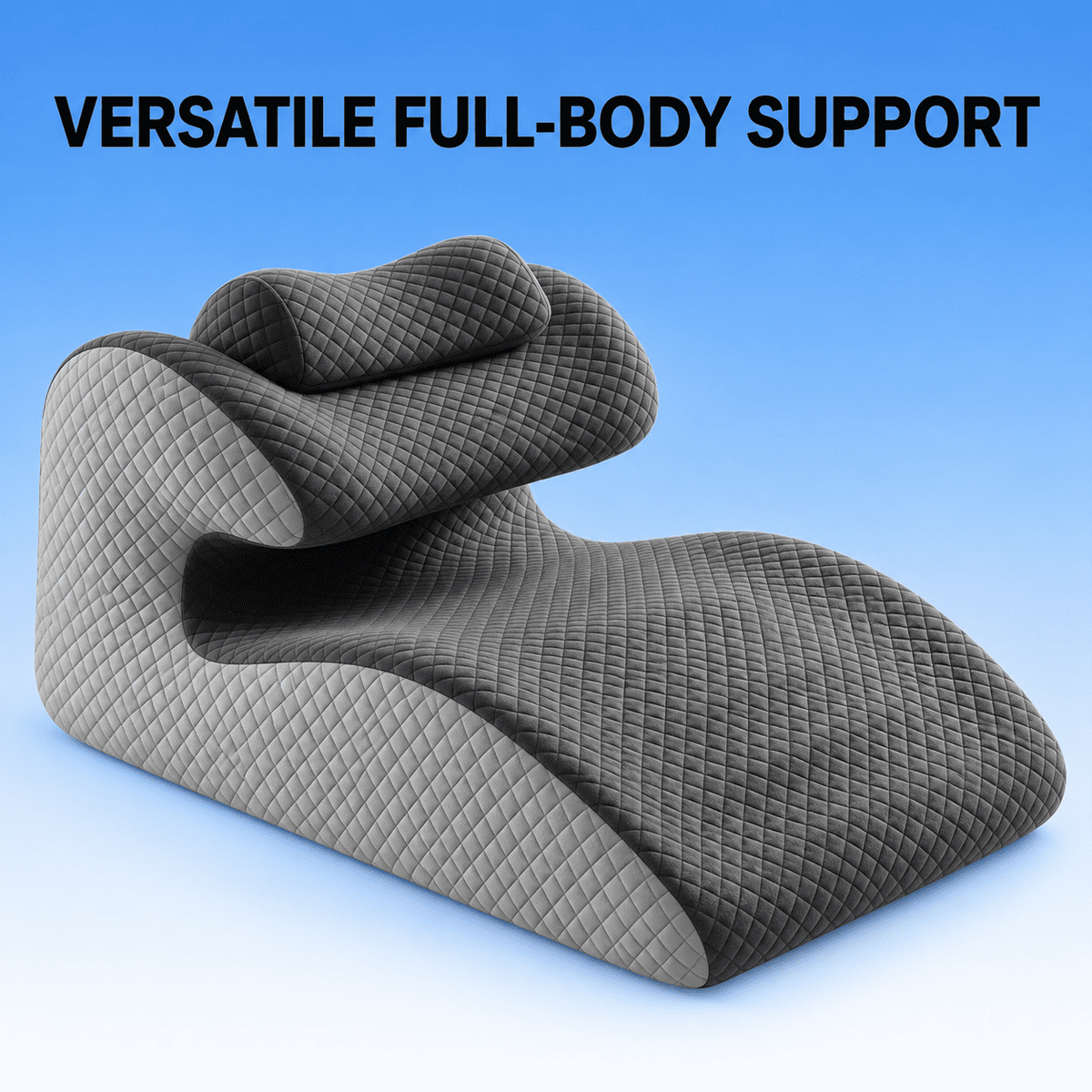 A contoured full-body support pillow in dark gray with a quilted diamond pattern, shown against a blue gradient background with the text 'VERSATILE FULL-BODY SUPPORT' at the top.