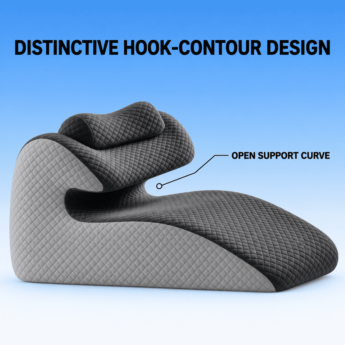 A dark gray hook-shaped contoured chair with a quilted diamond pattern, shown against a blue gradient background with text overlays explaining its design.