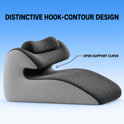 A dark gray hook-shaped contoured chair with a quilted diamond pattern, shown against a blue gradient background with text overlays explaining its design.