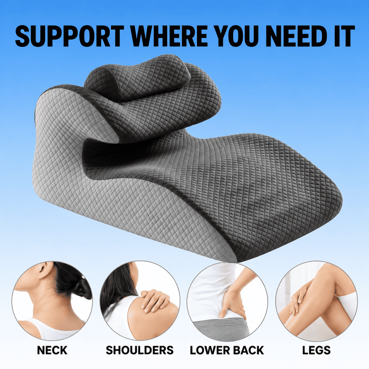 Gray contoured memory foam pillow with a diamond quilted texture, shown with text 'SUPPORT WHERE YOU NEED IT' and four circular inset diagrams highlighting support for neck, shoulders, lower back, and legs.