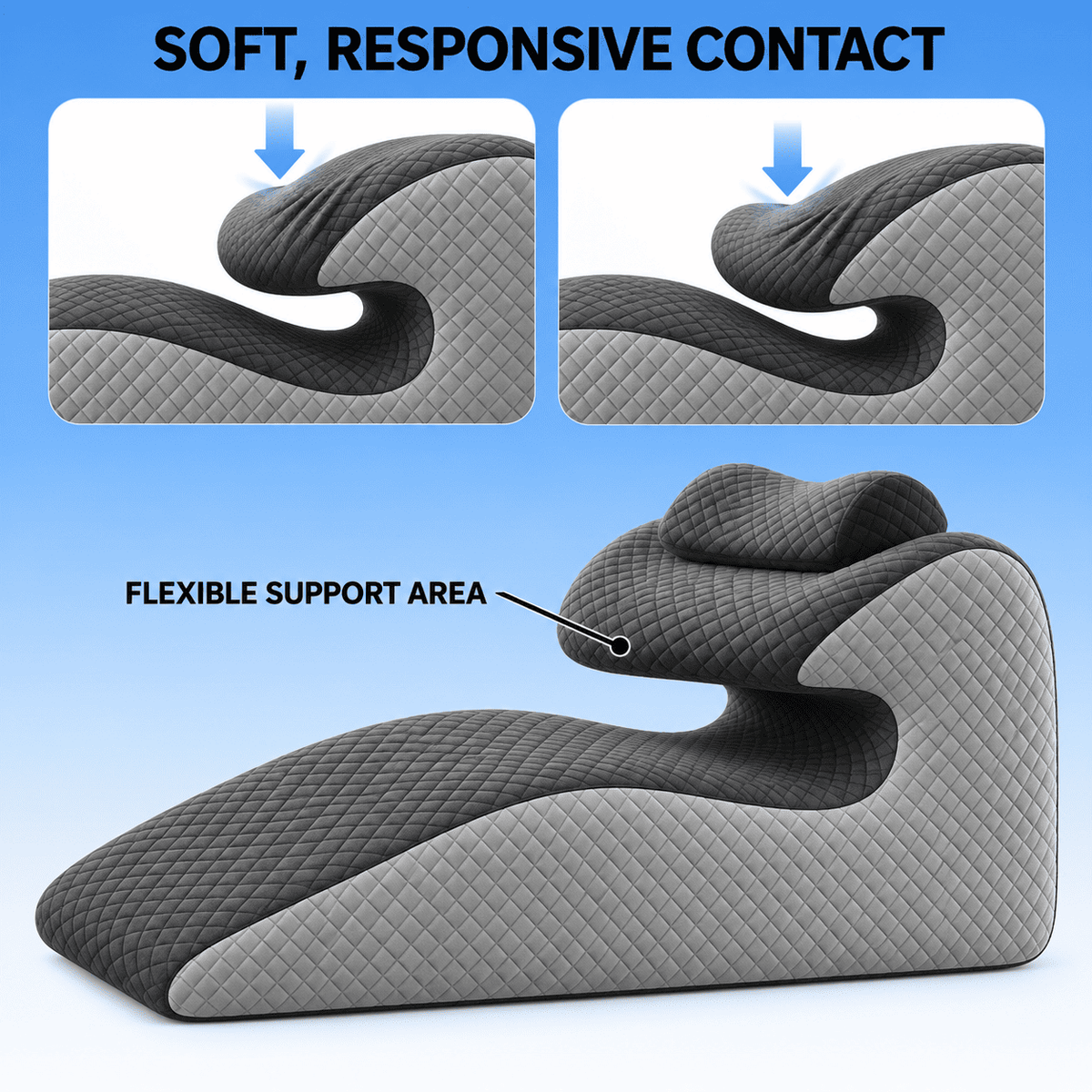 A gray and black contoured lumbar support chair cushion with a quilted diamond pattern, shown on a light blue gradient background with feature callouts and inset close-ups demonstrating soft responsive contact and flexible support area.