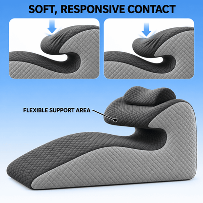 A gray and black contoured lumbar support chair cushion with a quilted diamond pattern, shown on a light blue gradient background with feature callouts and inset close-ups demonstrating soft responsive contact and flexible support area.