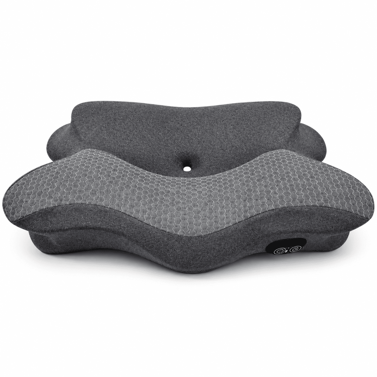 A dark gray contoured neck pillow with a textured honeycomb pattern on the top surface and a smooth fabric side, shown on a plain white background.