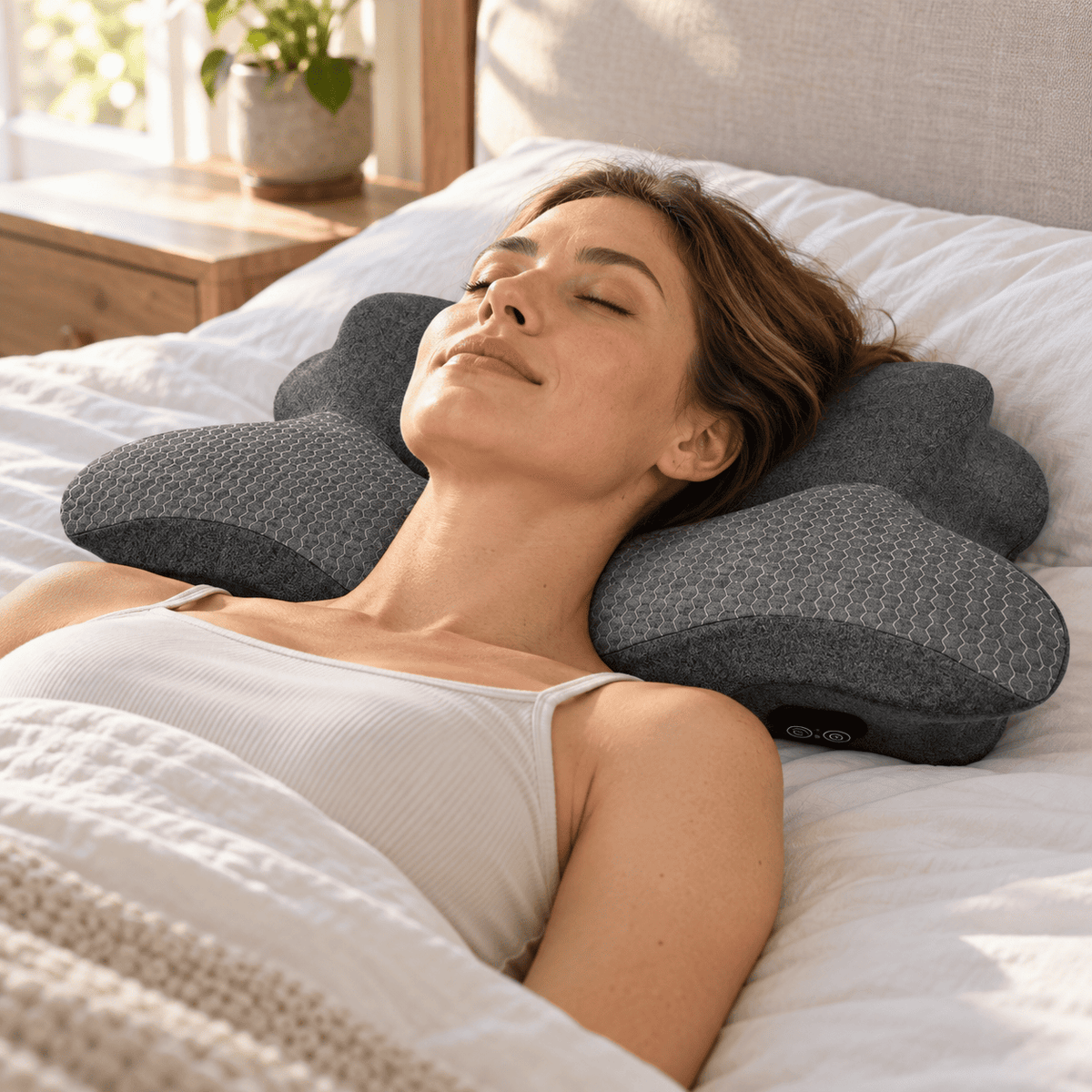 A woman lies on a bed with her eyes closed, using a dark gray cloud-shaped neck pillow. The bedroom has white bedding, a wooden bedside table, and a potted plant in the background.