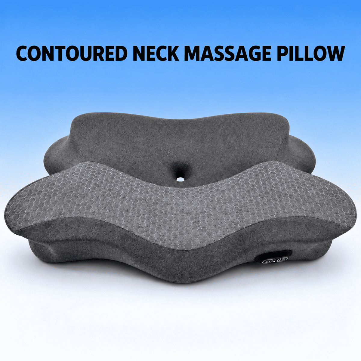 A contoured neck massage pillow in dark gray fabric, shown against a blue gradient background with the text 'CONTOURED NECK MASSAGE PILLOW' at the top.