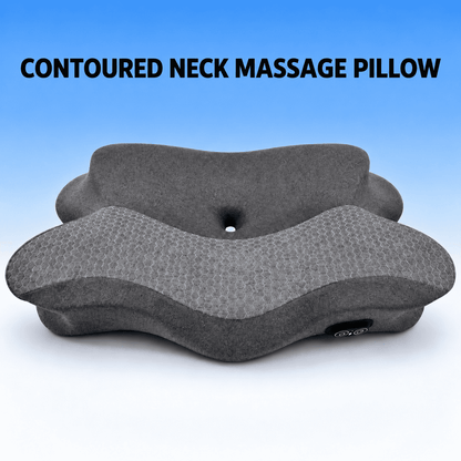 A contoured neck massage pillow in dark gray fabric, shown against a blue gradient background with the text 'CONTOURED NECK MASSAGE PILLOW' at the top.