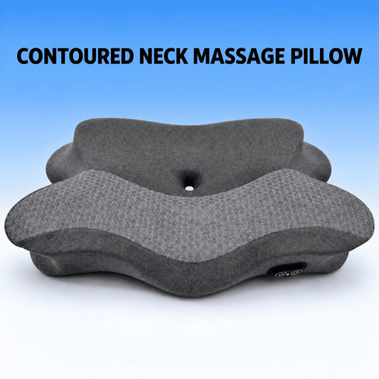 A contoured neck massage pillow in dark gray fabric, shown against a blue gradient background with the text 'CONTOURED NECK MASSAGE PILLOW' at the top.