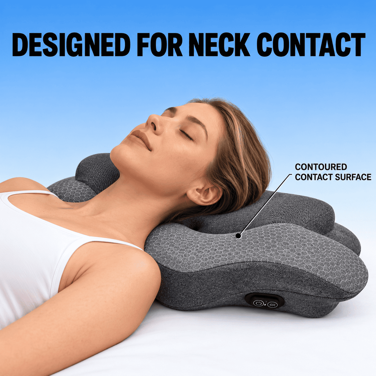 A woman lying down with her head resting on a contoured gray neck pillow, with text reading 'DESIGNED FOR NECK CONTACT' and 'CONTOURED CONTACT SURFACE' on a blue gradient background.