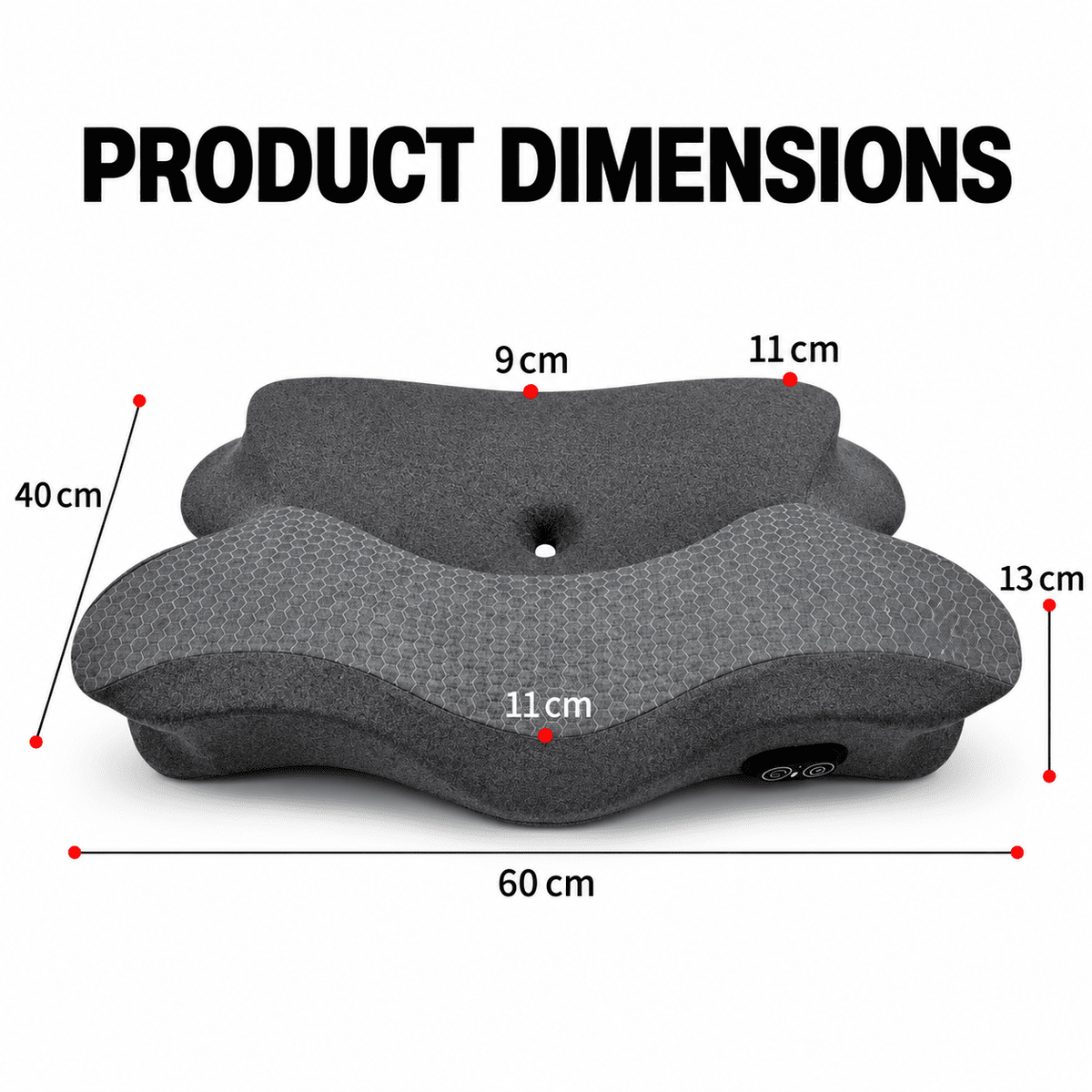 A dark gray contoured neck pillow shown with overlaid dimension lines and text reading 'PRODUCT DIMENSIONS,' indicating measurements of 60 cm width, 40 cm height, and other dimensions.