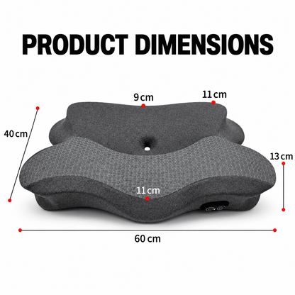 A dark gray contoured neck pillow shown with overlaid dimension lines and text reading 'PRODUCT DIMENSIONS,' indicating measurements of 60 cm width, 40 cm height, and other dimensions.