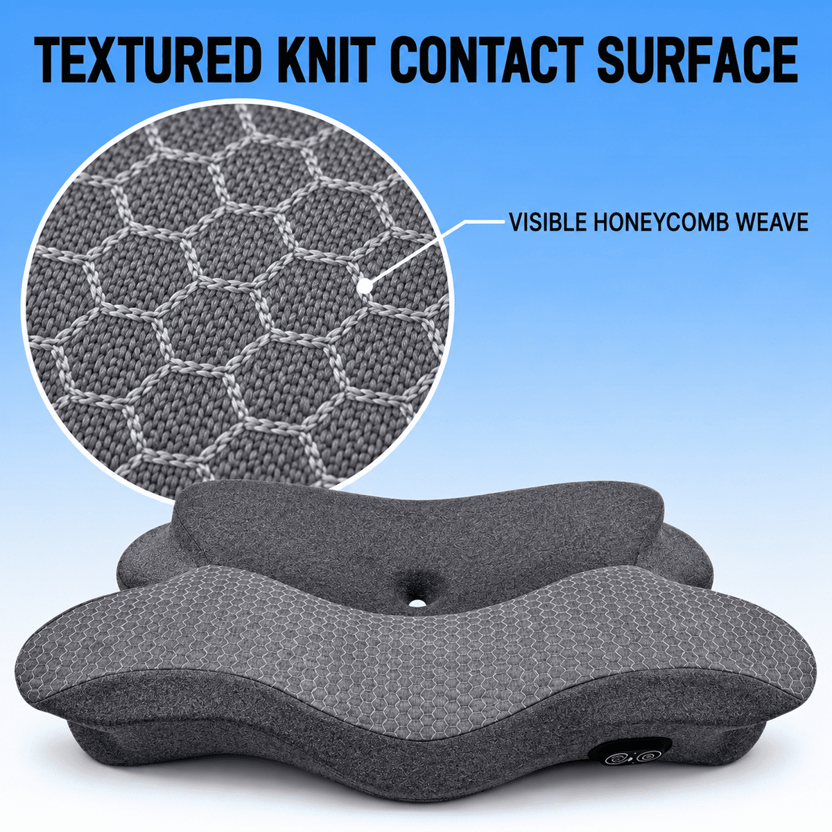 A contoured gray knit neck pillow with a honeycomb texture, shown with a circular inset detail of the fabric weave and large text reading 'TEXTURED KNIT CONTACT SURFACE' and 'VISIBLE HONEYCOMB WEAVE'.