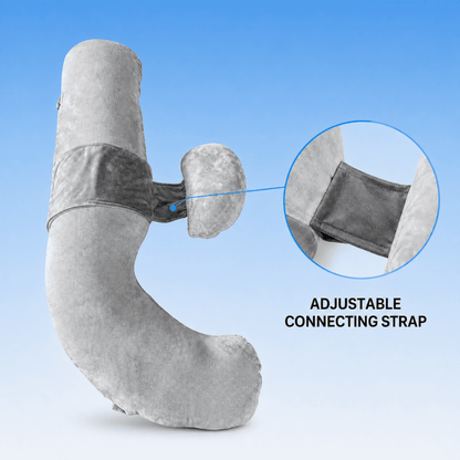 Close product view of the soft gray velvet cover and stitched construction of an adjustable maternity support pillow