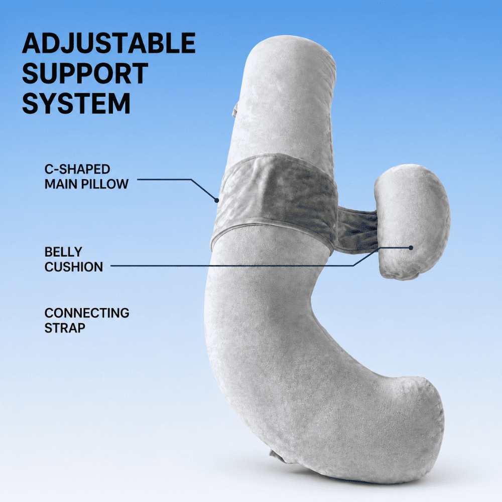 Adjustable gray velvet maternity pillow showing the main C-shaped cushion, connecting bridge, and smaller belly support cushion