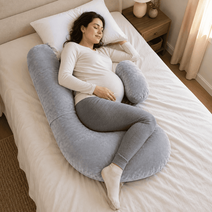 Pregnant woman resting naturally in bed with a gray velvet maternity pillow supporting her waist, belly, hips, and legs