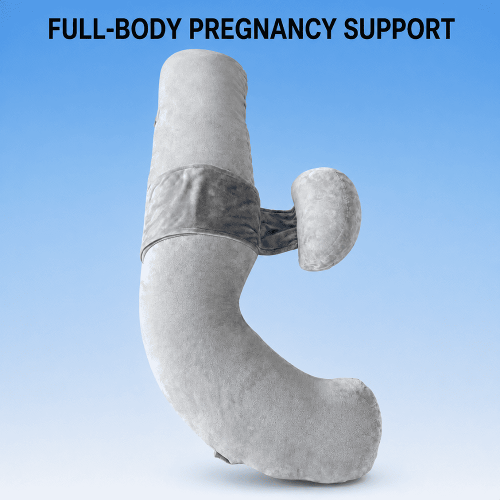  Gray velvet pregnancy pillow with adjustable belly support on a clean blue gradient background