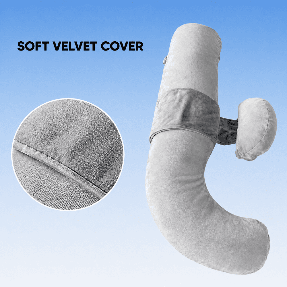  Close product view of the soft gray velvet cover and stitched construction of an adjustable maternity support pillow