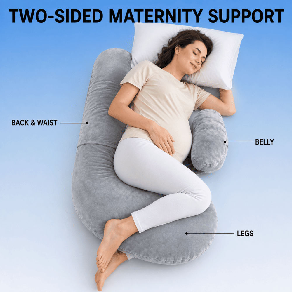 Pregnant side sleeper using a separate head pillow with gray maternity cushions supporting the back and belly