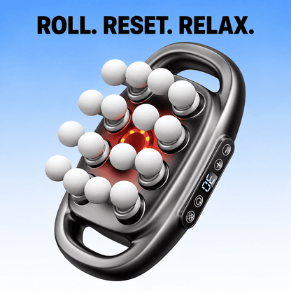 An electric massage gun with white silicone massage balls and a glowing red heat element, shown on a blue gradient background with the text 'ROLL. RESET.