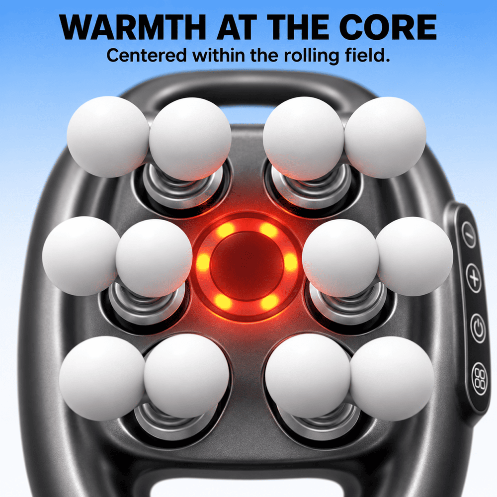 Close-up of a massage roller with white spherical massage nodes and a glowing red central light, under the text 'WARMTH AT THE CORE' on a blue gradient background.