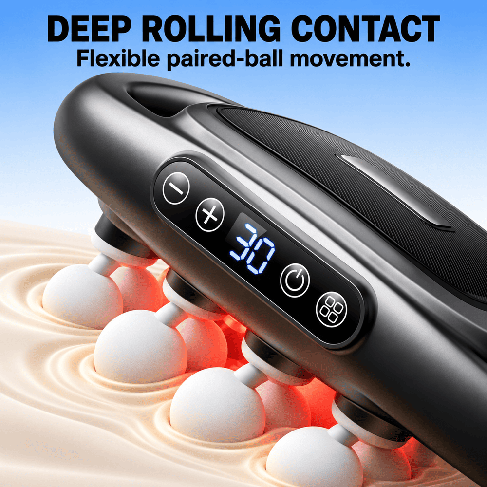 A close-up of a black handheld massager with a digital display and control buttons, shown pressing into a beige surface with white ball heads and red glowing contact points. Text at the top reads 'DEEP ROLLING CONTACT Flexible paired-ball movement.