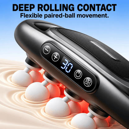 A close-up of a black handheld massager with a digital display and control buttons, shown pressing into a beige surface with white ball heads and red glowing contact points. Text at the top reads 'DEEP ROLLING CONTACT Flexible paired-ball movement.