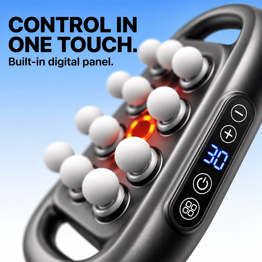 Close-up of a handheld massage or heat device with multiple white rounded massage nodes, a glowing orange-red center button, and a built-in digital control panel on the side. Large text at the top reads 'CONTROL IN ONE TOUCH.