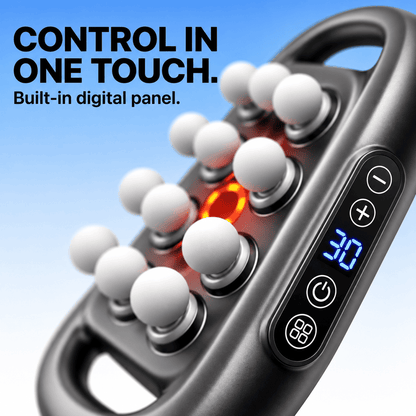 Close-up of a handheld massage or heat device with multiple white rounded massage nodes, a glowing orange-red center button, and a built-in digital control panel on the side. Large text at the top reads 'CONTROL IN ONE TOUCH.