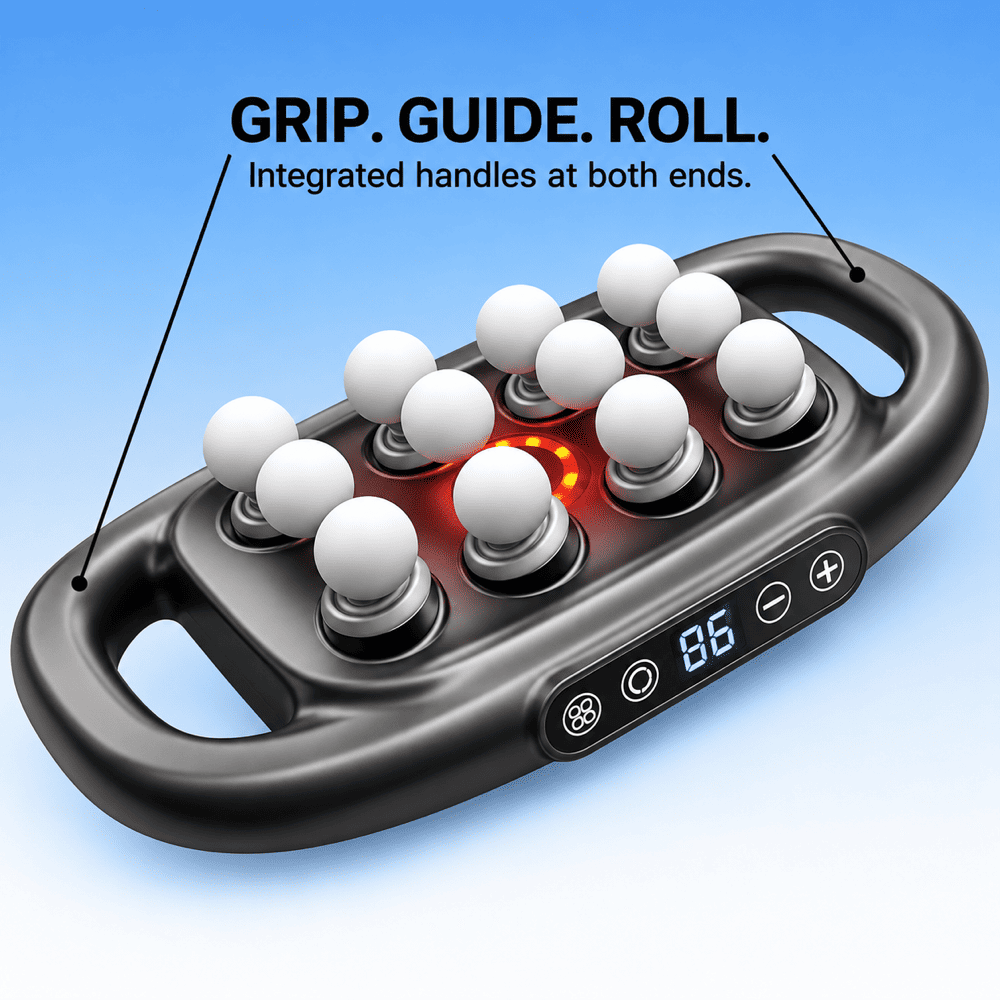 A black massage roller device with white spherical rollers and a digital display, shown on a blue gradient background with text reading 'GRIP. GUIDE.