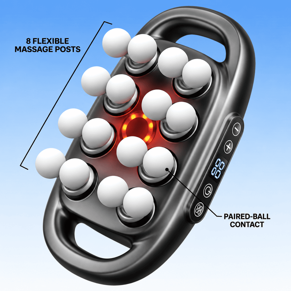Black handheld massage device with multiple white massage balls and a glowing red center, shown on a blue gradient background with callout text reading '8 FLEXIBLE MASSAGE POSTS' and 'PAIRED-BALL CONTACT'.