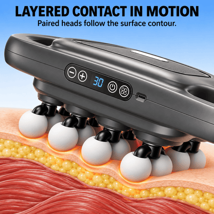 A black handheld scalp massage device with multiple white and black ball heads pressed into the skin, shown over a cross-section of scalp layers. Text at the top reads 'LAYERED CONTACT IN MOTION' and 'Paired heads follow the surface contour.