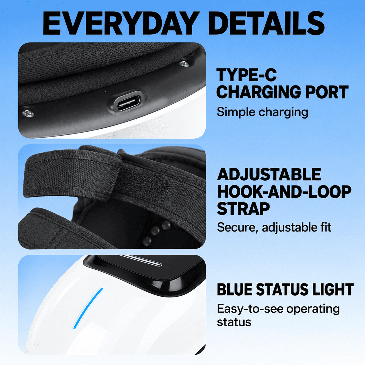 Three-panel feature graphic for a white and black wearable device, showing a Type-C charging port, an adjustable hook-and-loop strap, and a blue status light, with text labels on a light blue gradient background.