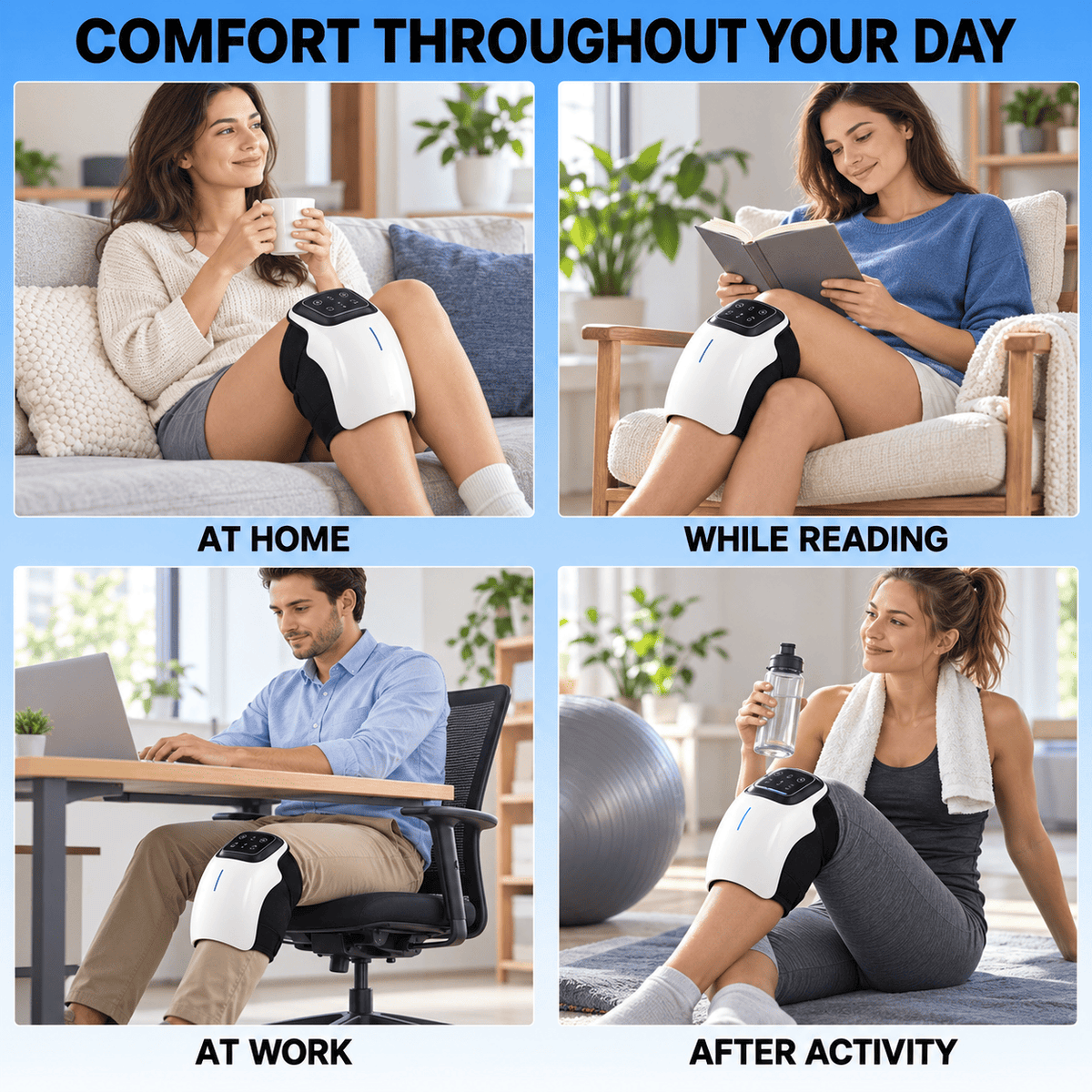A four-panel promotional collage showing a white and black knee massager used in different lifestyle settings: at home while sitting on a couch, while reading in an armchair, at a desk at work, and after activity on a gym floor. The top text reads 'COMFORT THROUGHOUT YOUR DAY' and the bottom panels have labels 'AT HOME', 'WHILE READING', 'AT WORK', and 'AFTER ACTIVITY'.