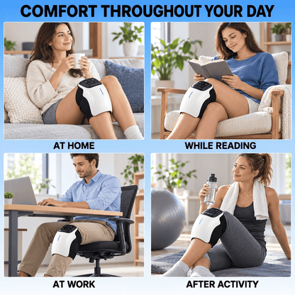 A four-panel promotional collage showing a white and black knee massager used in different lifestyle settings: at home while sitting on a couch, while reading in an armchair, at a desk at work, and after activity on a gym floor. The top text reads 'COMFORT THROUGHOUT YOUR DAY' and the bottom panels have labels 'AT HOME', 'WHILE READING', 'AT WORK', and 'AFTER ACTIVITY'.
