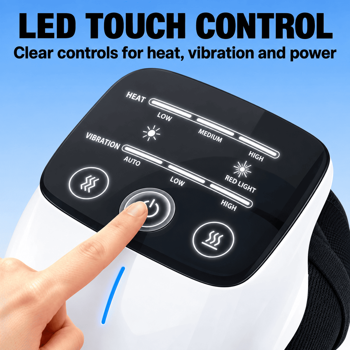 Close-up of a white and black LED touch control panel with a finger pressing the center button, under the text 'LED TOUCH CONTROL' and 'Clear controls for heat, vibration and power.'.