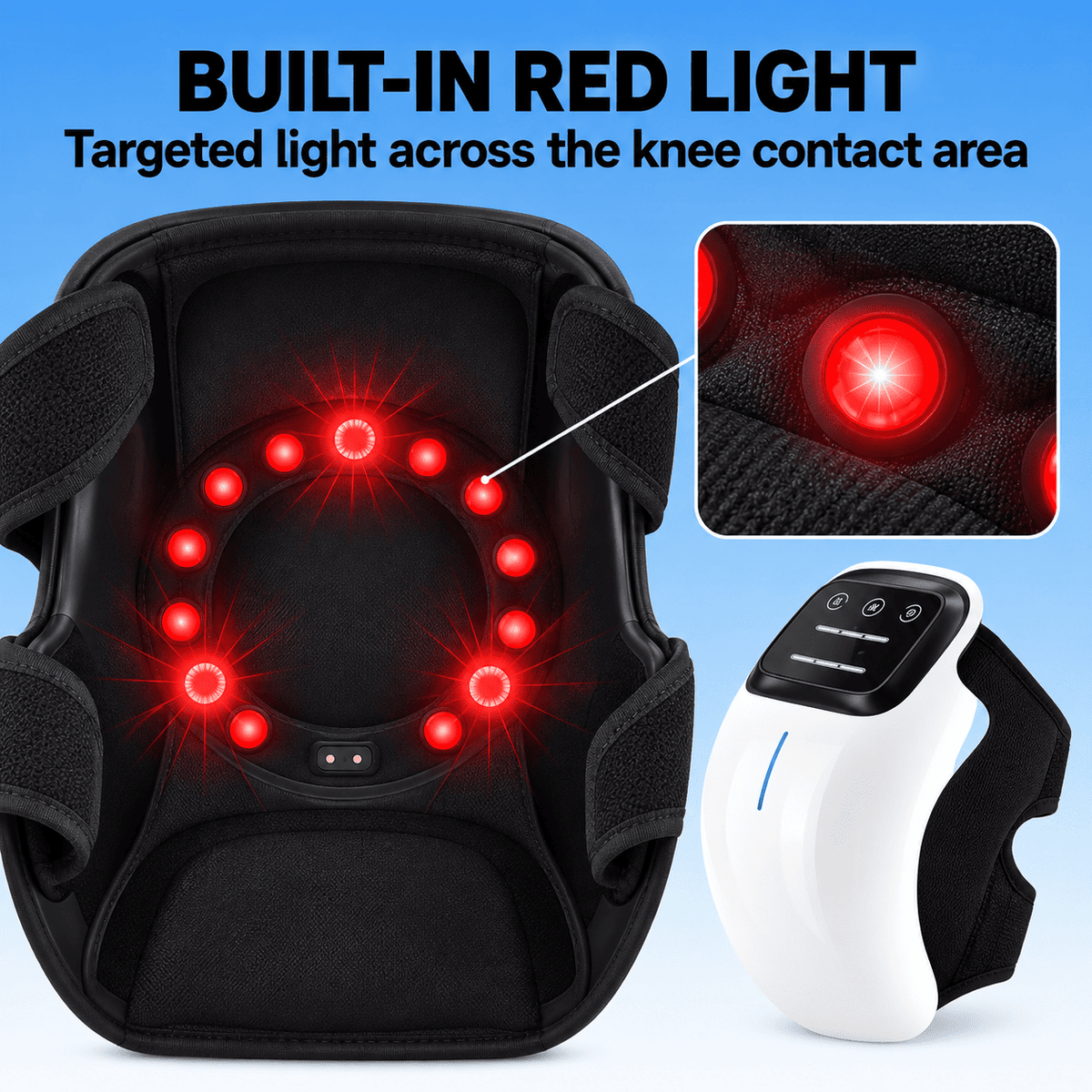 Black knee massage pad with built-in red LED lights, shown with text reading 'BUILT-IN RED LIGHT' and a close-up inset of the illuminated light area. A white remote control is also shown on a blue gradient background.