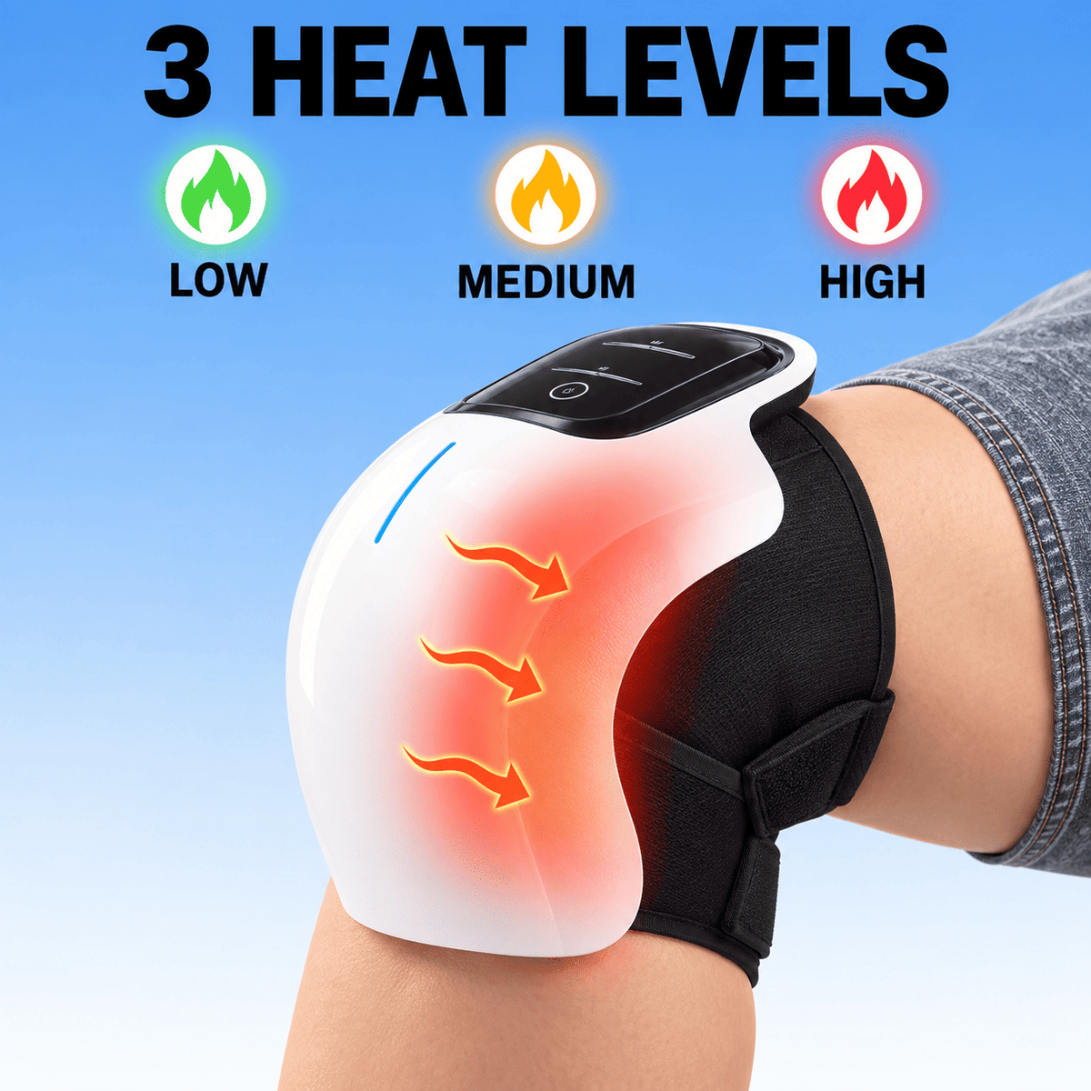 A white and black electric knee massage device worn on a person's knee, with text reading '3 HEAT LEVELS' and flame icons for low, medium, and high settings.