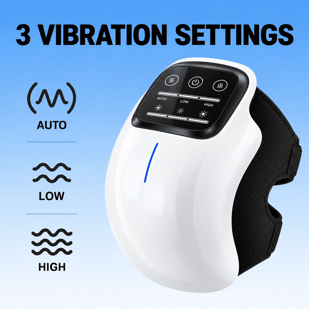 White and black massage device with a digital control panel, shown on a blue gradient background with text reading '3 VIBRATION SETTINGS' and icons for auto, low, and high vibration.