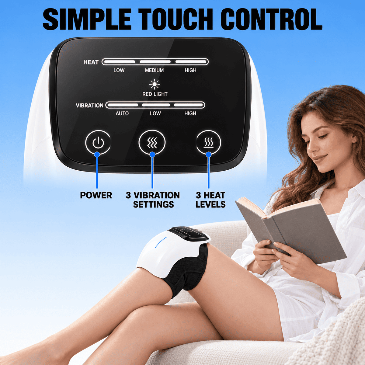 A knee massage device shown on a woman's leg while she reads a book on a couch, with a close-up of the touch control panel and text reading 'SIMPLE TOUCH CONTROL'.