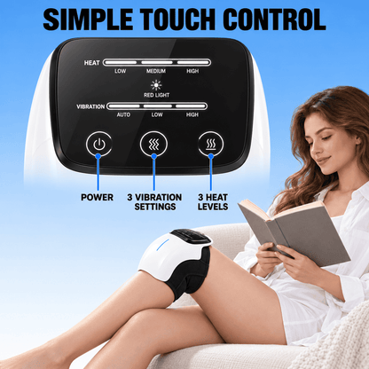 A knee massage device shown on a woman's leg while she reads a book on a couch, with a close-up of the touch control panel and text reading 'SIMPLE TOUCH CONTROL'.
