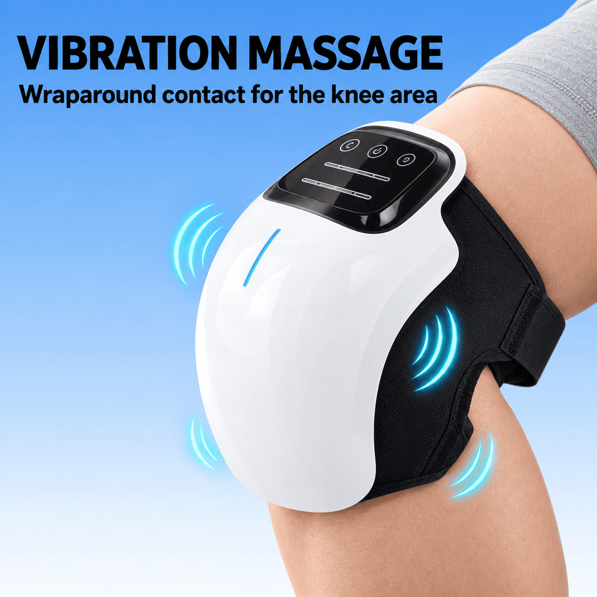 A white and black vibration massager worn around a knee area, shown on a person's leg against a blue gradient background with text reading 'VIBRATION MASSAGE' and 'Wraparound contact for the knee area.'.