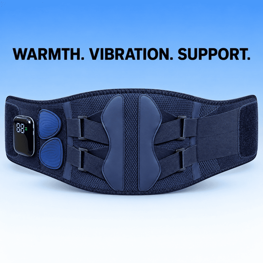 A navy blue heated lumbar support belt with adjustable straps, textured mesh panels, and two blue circular heating pads on the left side, shown against a blue gradient background with the text 'WARMTH. VIBRATION.