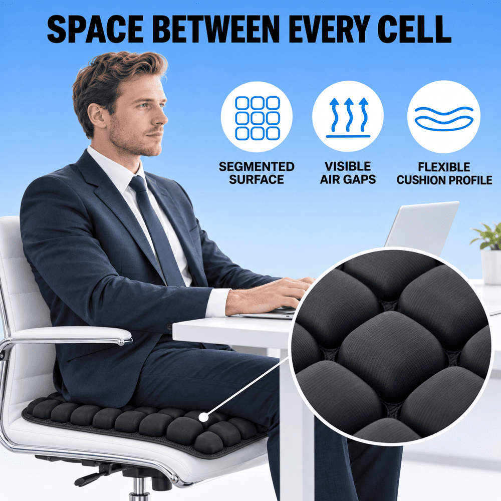 A man in a dark suit sits in a white office chair using a laptop, wearing a black segmented lumbar support pad. The image includes marketing text reading 'SPACE BETWEEN EVERY CELL' and three feature icons for segmented surface, visible air gaps, and flexible cushion profile, plus a circular inset showing the black padded cell structure in detail.