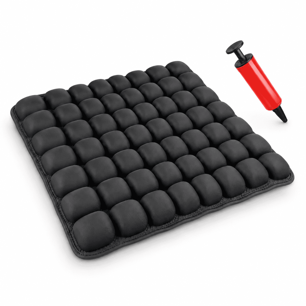 A black inflatable bubble car seat mat shown with a red and black hand pump on a clean white background.