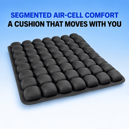 A segmented air-cell comfort cushion mat shown at an angle on a light blue gradient background with promotional text at the top.